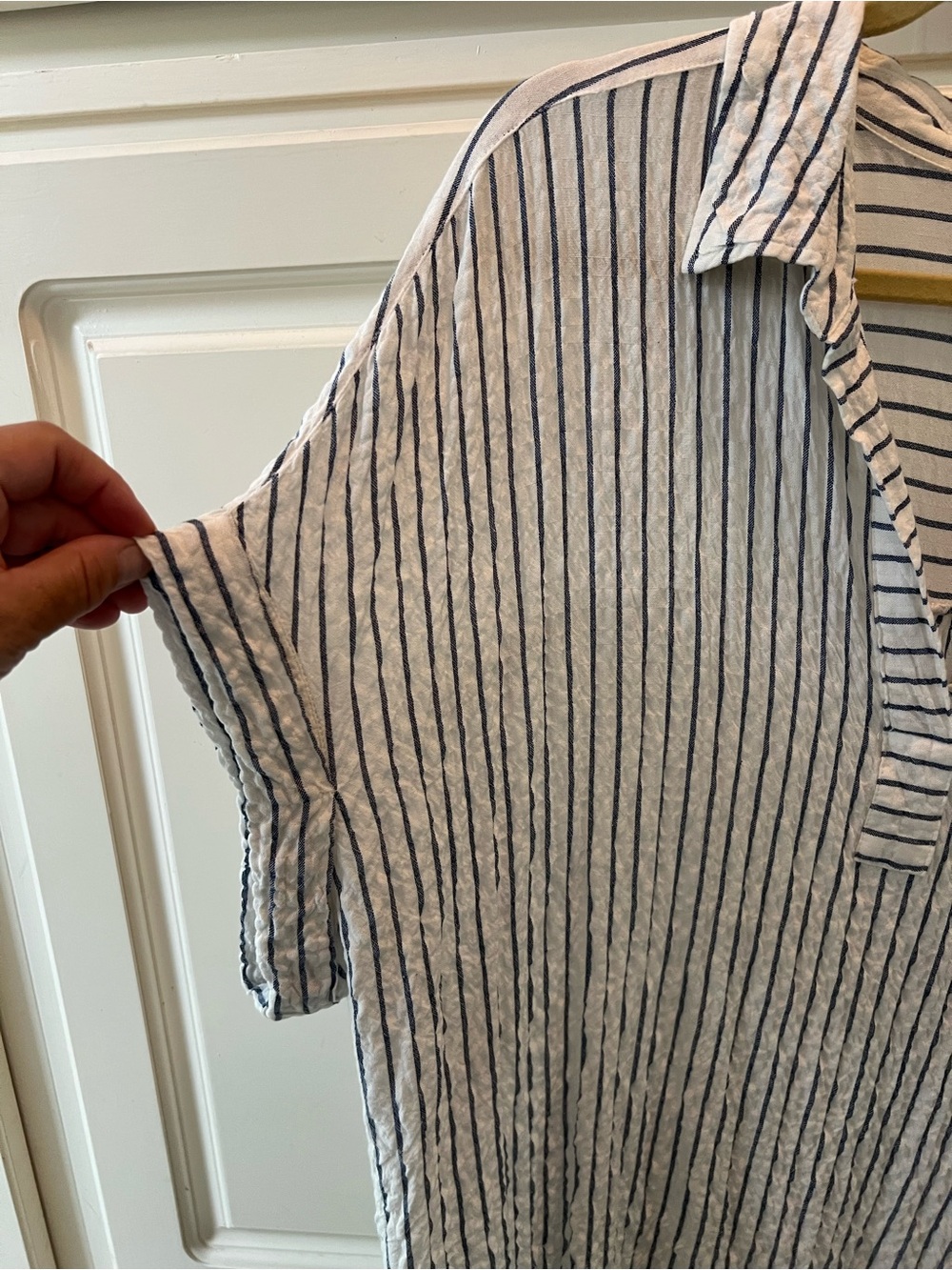 Jane and Delancey White Top with Blue Pinstripes V-Neck Tunic. 1x - Picture 3 of 6